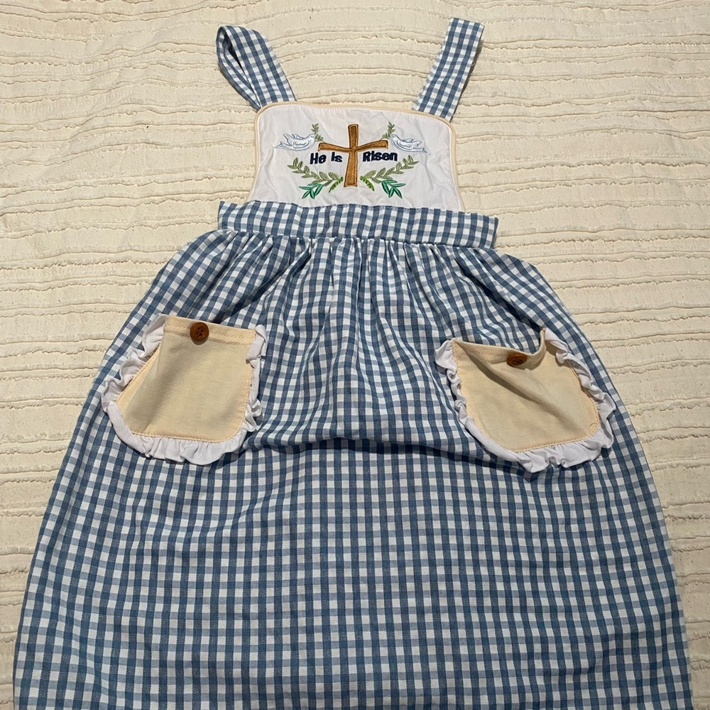 Blue Gingham Pinafore Dress with Embroidery